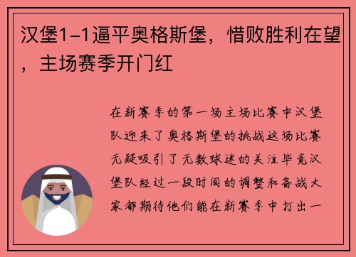 汉堡1-1逼平奥格斯堡，惜败胜利在望，主场赛季开门红
